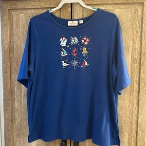 Quacker Factory XL nautical scoop neck embroidered embellished top beach sea